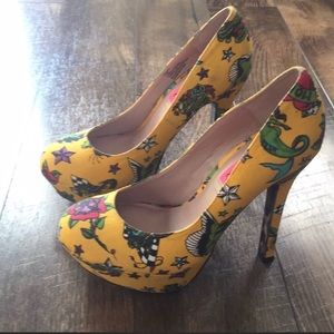 Betsey Johnson Yellow Tattoo Heels